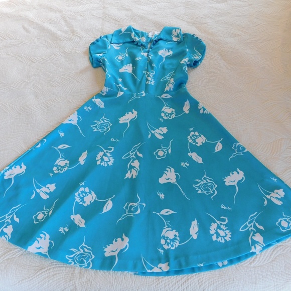 Vintage flare blue floral rockabilly swing dress - Picture 6 of 8